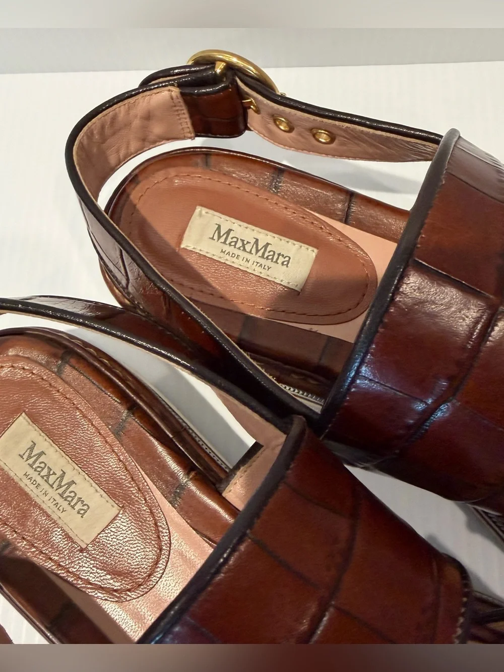 Max Mara Brown Croc-Embossed leather Platform Slide Sandals